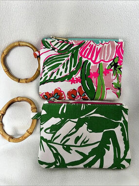 Lilly Pulitzer Floral Zip Clutch Set Green & Pink Like New